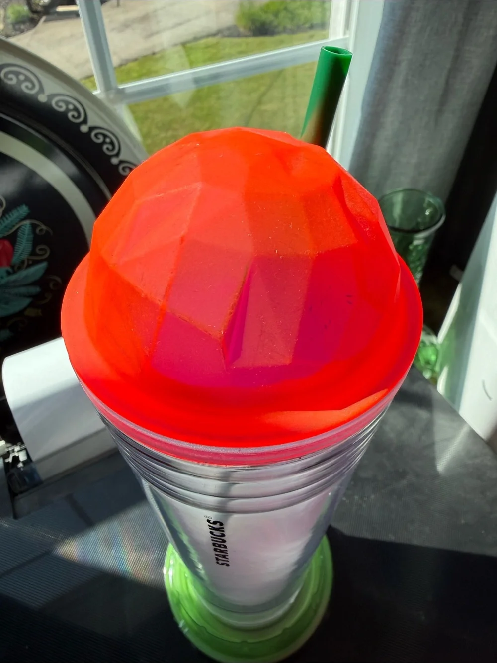 Starbucks Clear Tumbler with Neon Pink Dome Lid and Green Flat lid